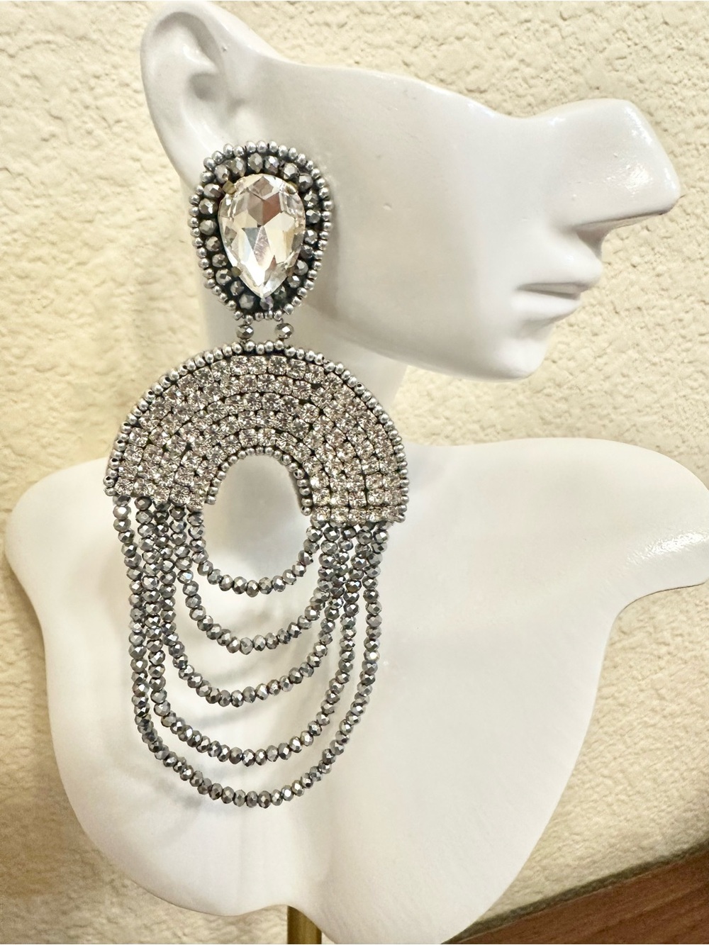 Handmade Crystal & Silver Beads Soutache Teardrop Statement Earrings